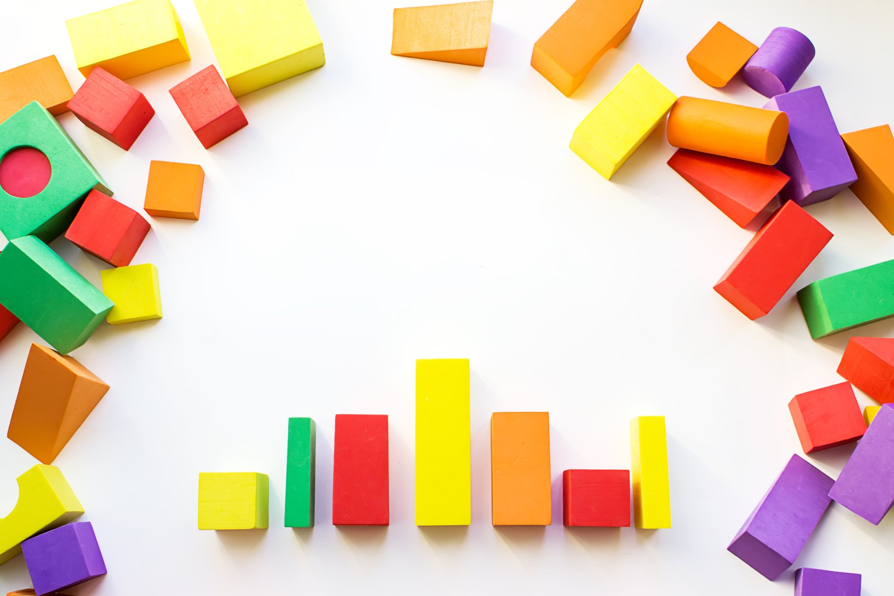 Colorful constructor, logic game, cubic mosaic.The concept of logical thinking, geometric shapes. The concept of education, child development, logic and ingenuity. Flat lay, top view.